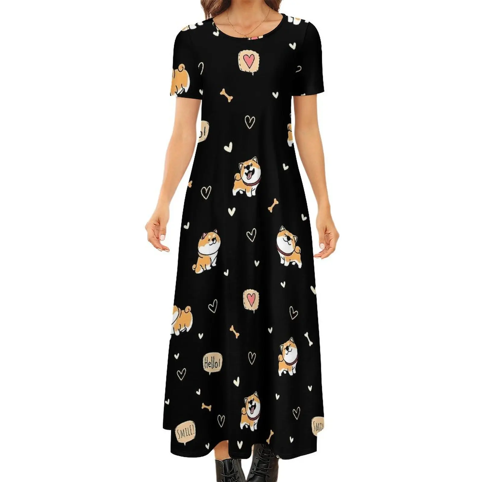 Cartoon Shiba Dress Funny Animal Aesthetic Bohemia Long Dresses Womens Vintage Maxi Dress Large Size