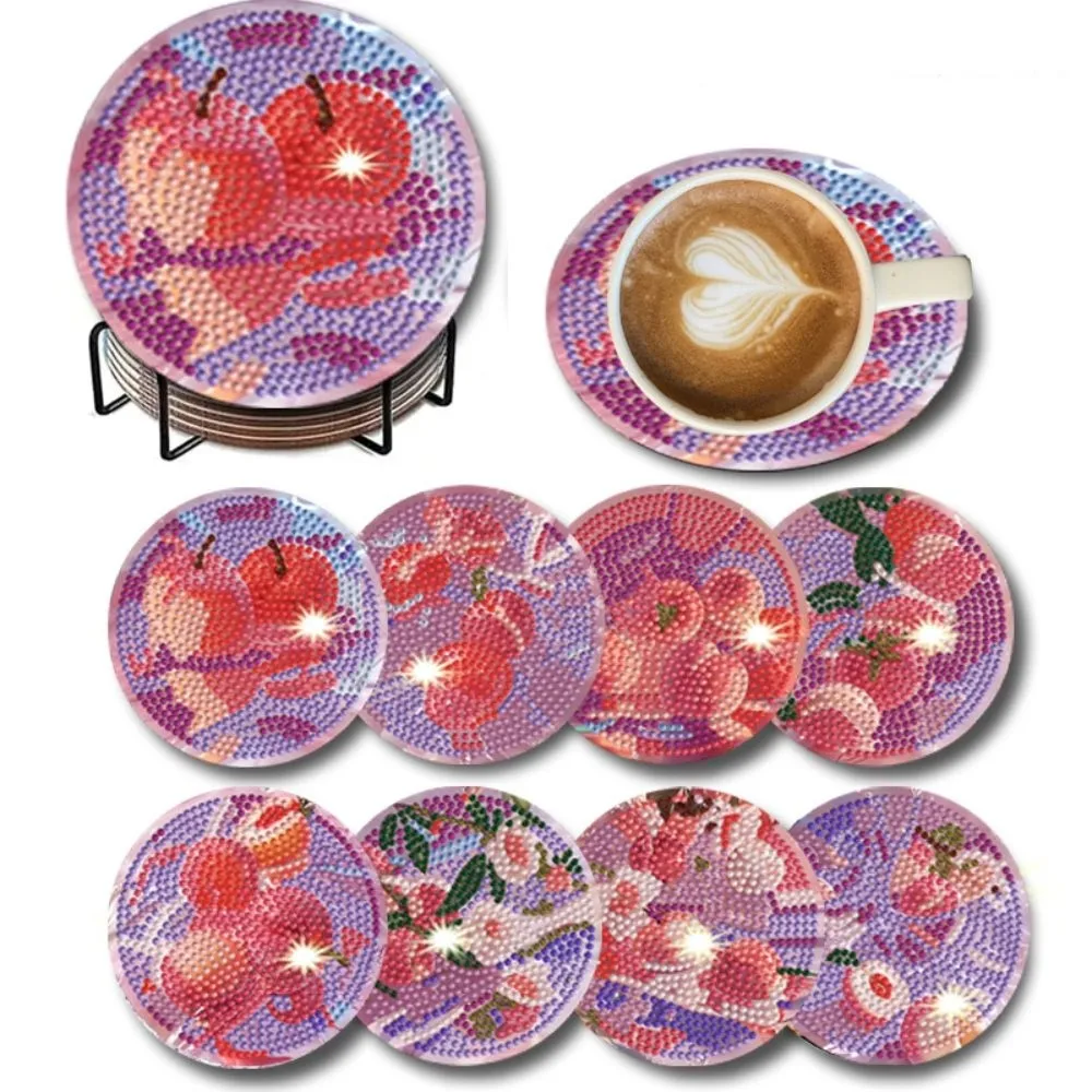 8PCS/6PCS With Stand DIY Painting Coasters Cute Panda Entry-level Round Art Coasters Table Protector Simple Diamond Coaster Kit