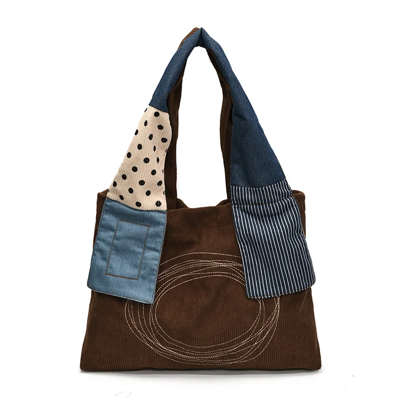 1pcs Thick Wash Resistant Denim Retro Shoulder Bag Color Block Open Top Handbag For Daily Travel Laptop Grocery Storage