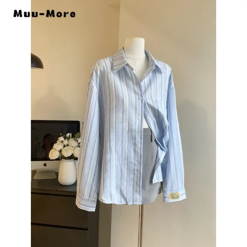 

Female Korean Style Striped Loose Long Sleeve Single Breasted Shirt 2023 Winter Women's Casual Turn-Down Collar Baggy Blouse Top