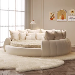 Minimalist Genuine Leather Bed Round Modern King Size American Style Fashionable Bed Light Luxury Wedding Full Lit Furniture