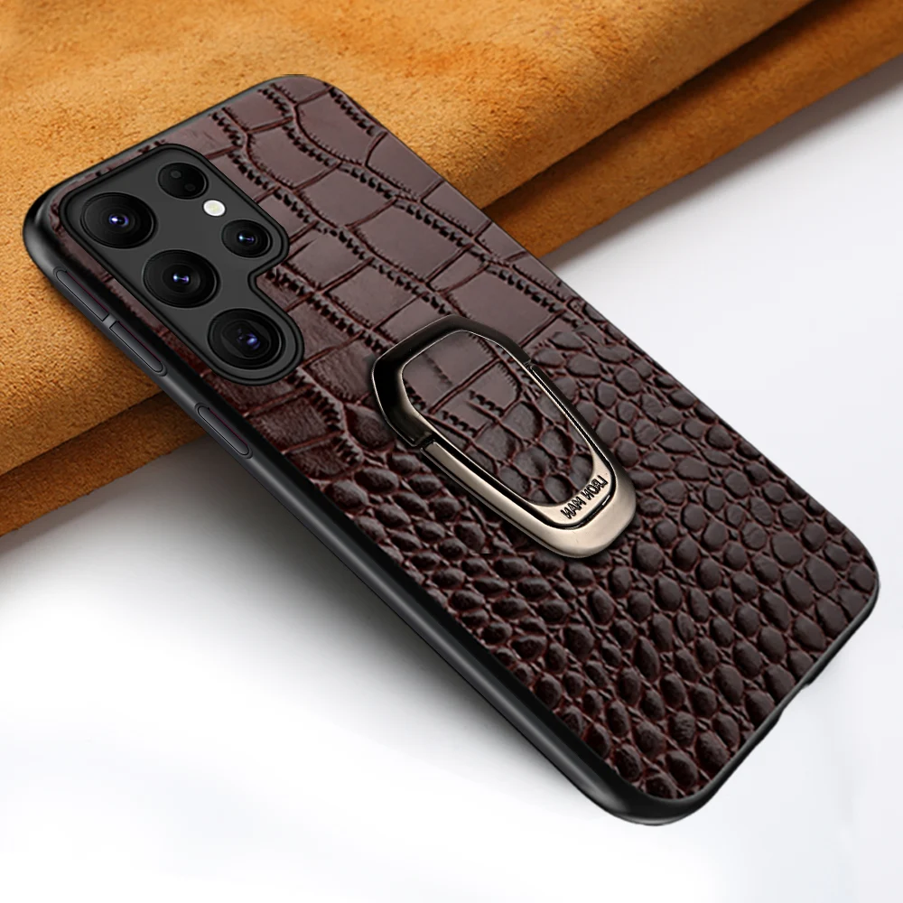 Genuine Cowhide Leather Bracket Phone Case For Samsung Galaxy S 24 23 S24 Ultra S23 Plus S24Ultra S22Ultra Back Cover with Ring