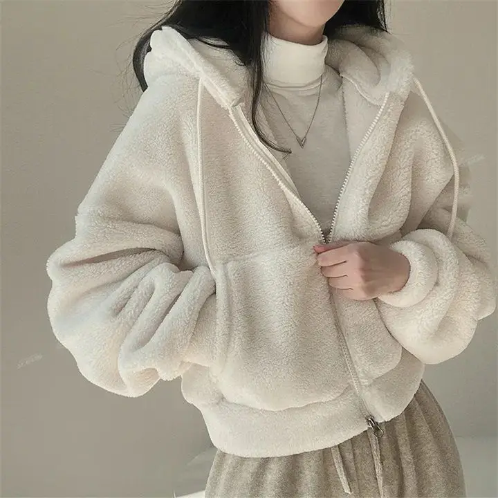 Korean Chic Hooded Long Sleeve Zipper Faux Fur Coat Solid Women Winter Keep Warm Thick Coats 20254 Autumn New Tide