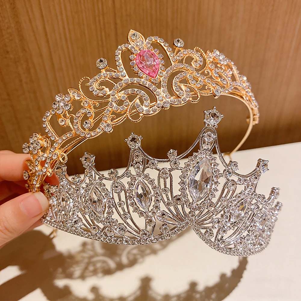 2pcs Luxury Diamond Double Crown Set Gold Silver Dual Color Hair Crown Banquet Bridal Headwear Ball Princess Style Accessories