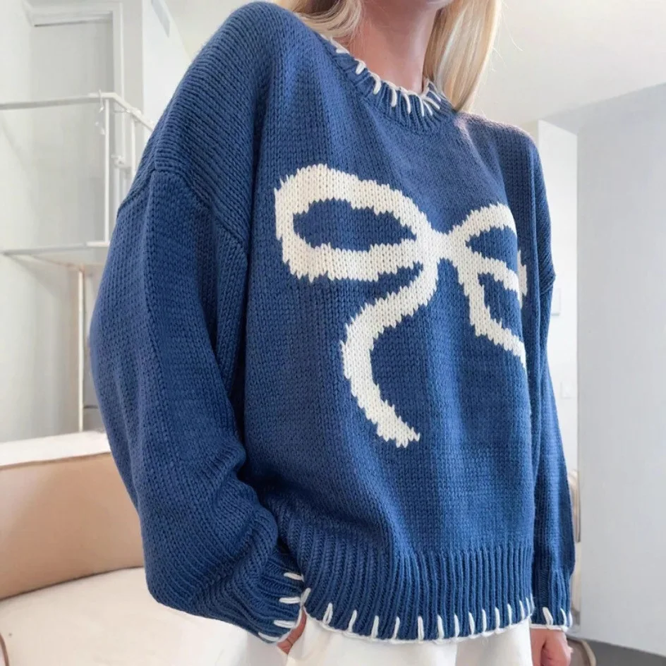 Sweet Loose Spliced Bowknot Sweater for Women O Neck Long Sleeve Bright Line Design Casual Pullovers Female Autumn