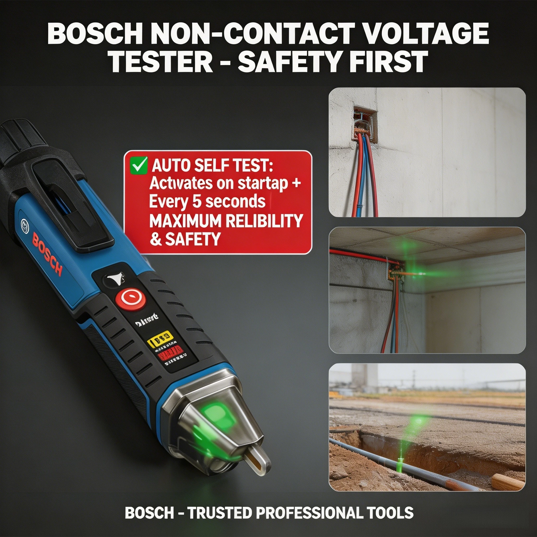 Professional BOSCH GVD 1000-17 Live Cable Tester Pen Shockproof Body Visual Light Indication Wiring Detector