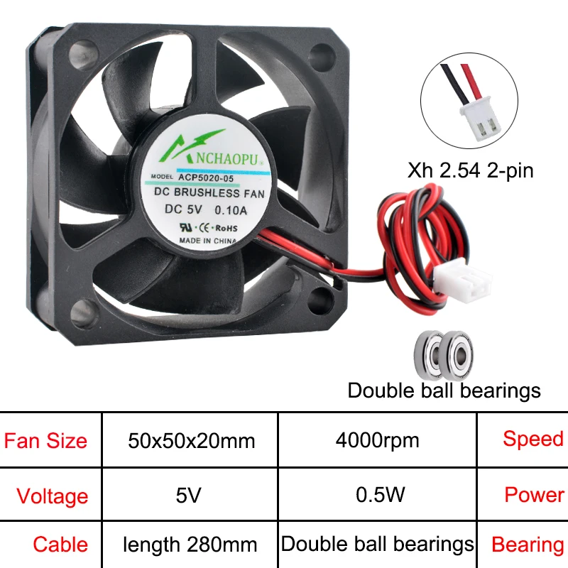 ​ ACP5020 50 mm Lüfter 50 x 50 x 20 mm 5 V/12 V/24 V DC 2-poliger Axiallüfter für Ladegerät/Netzteil/Konverter