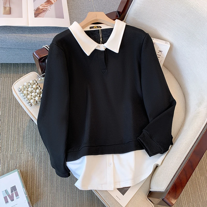 Plus size women's clothing Fleece lined double hoodie shirt collar button decorated commuter top warm fur lining loose