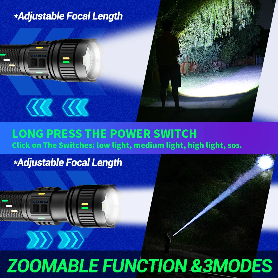 Ultra Bright 100W White Laser LED Flashlights Rechargeable Long Range Zoom Tactical Torch Outdoor Camping Emergency Lantern