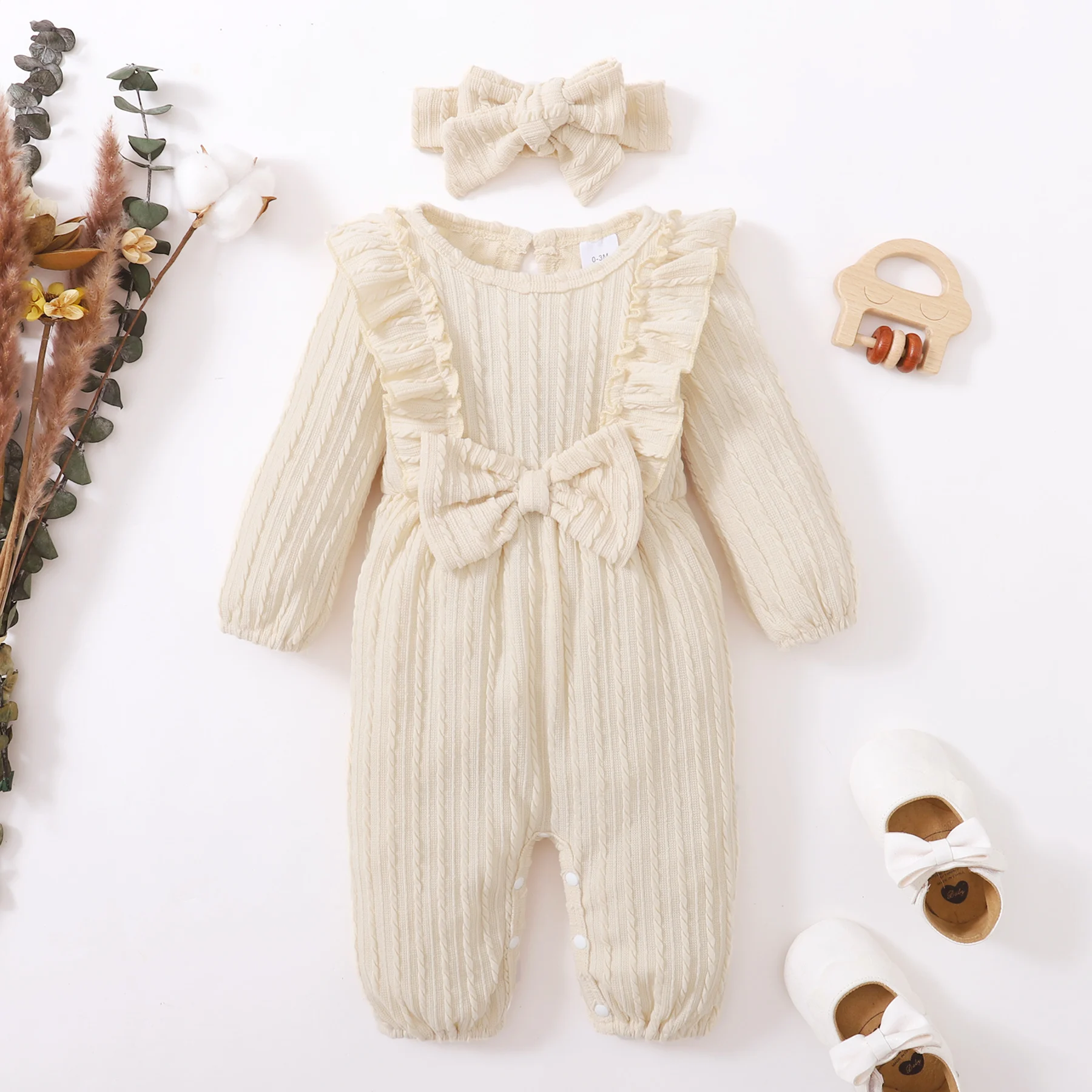 Newborn Bodysuit Round Neck Twisted Stripes Bowbaby+Headband Fashion 2Pcs/Set 0-18 Months Baby Girl Spring And autumn Jumpsuit