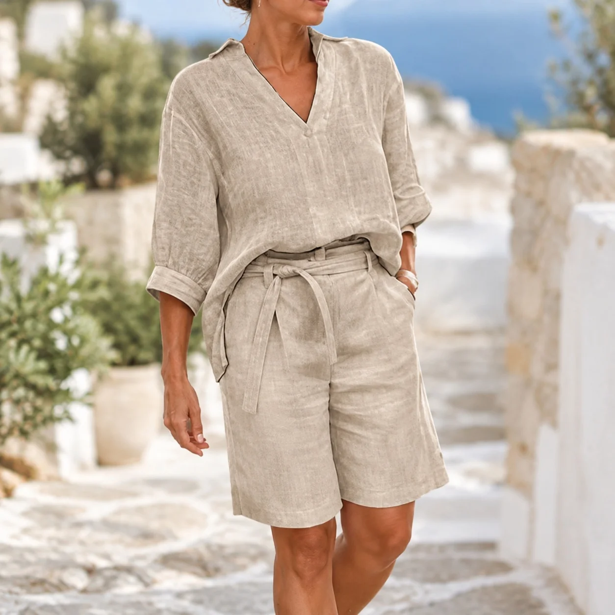 Shorts Set Casual Western with Five Sleeve Autumn Regular Sleeve Sets Pants Patchwork Streetwear Pocket Women Shorts