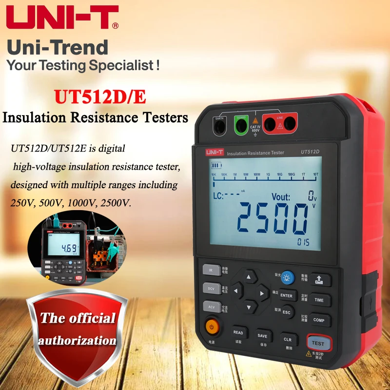 

UNI-T UT512D/UT512E 2500V digital high voltage insulation resistance tester, megohmmeter/voltage measurement/data storage/USB