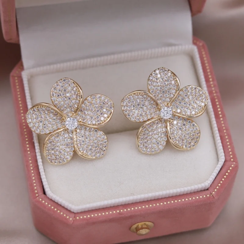 2024 Korea new design fashion jewelry 14K gold plated luxury flower zircon earrings elegant women's party accessories