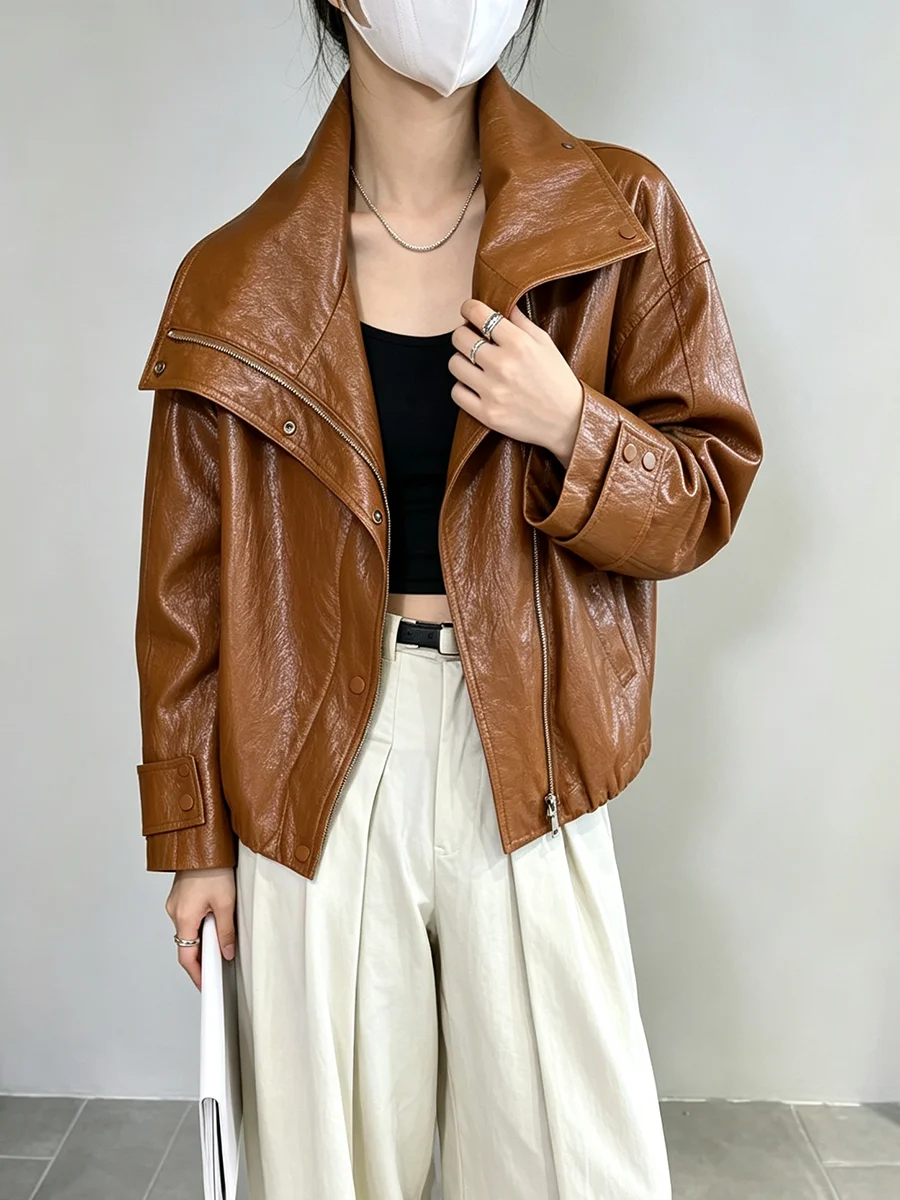 LIMO Vintage  Faux Leather Jacket Women Lapel Zipper Cropped Moto Coat Autumn Streetwear Loose Outerwear