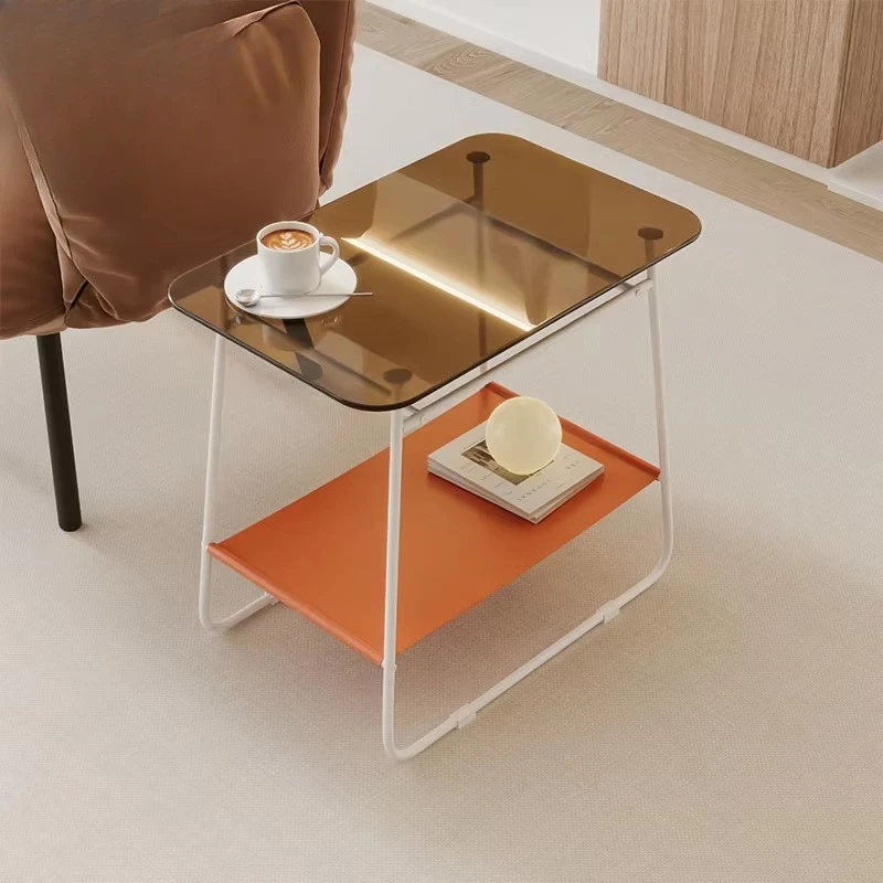 Modern minimalist tempered glass coffee table/side table with storage space small living room bedroom sofa table metal frame
