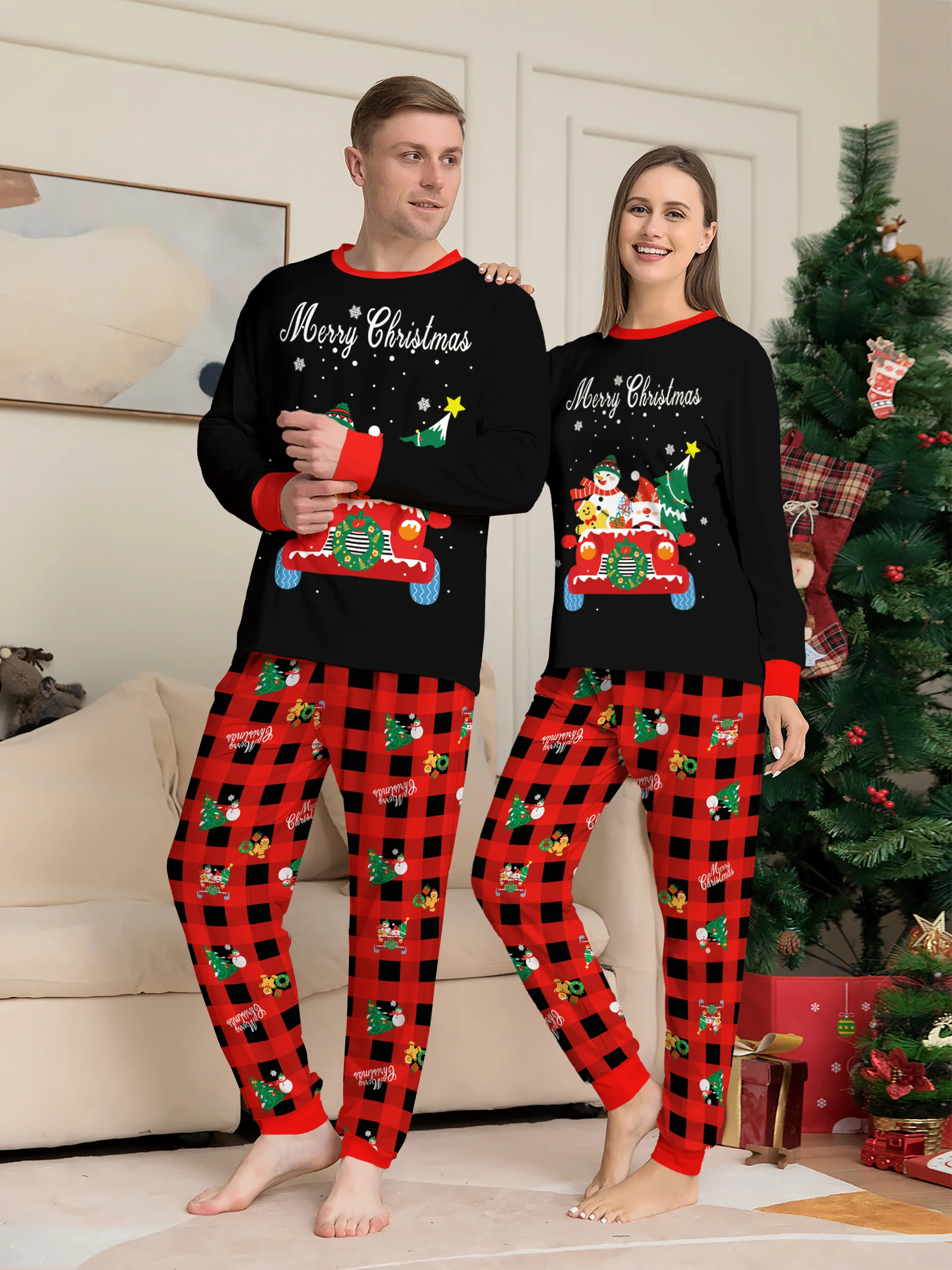 

Matching Couple Christmas Sleepwear - Black "Merry Xmas" Truck Graphic Top & Red Plaid Bottoms