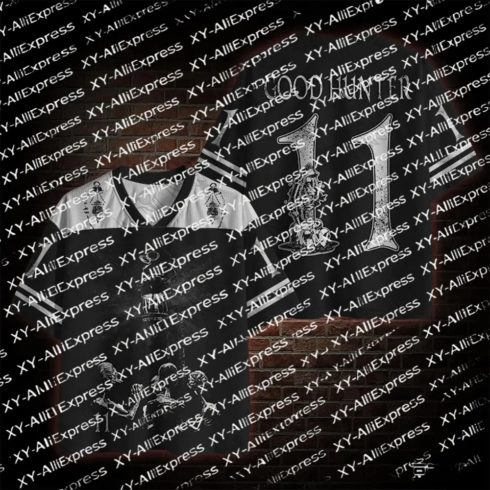 Men V-Neck Mesh Short Sleeve Jersey, Black White Hunter Number 11 Graphic, Lightweight Mesh Top Dark Fantasy Street Gathering