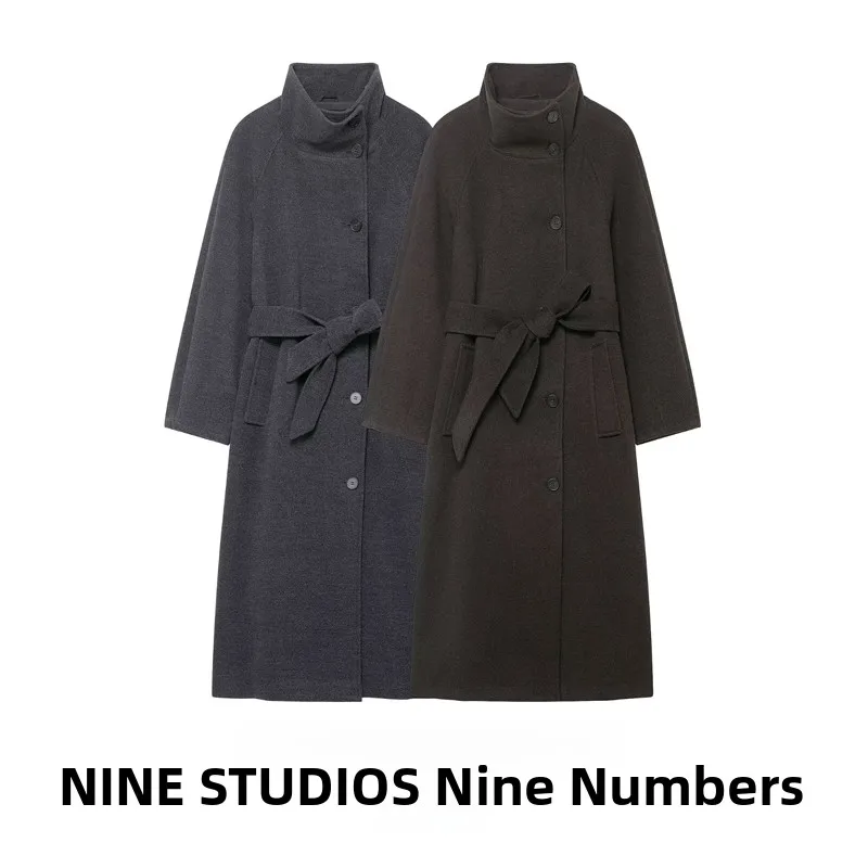 NINE ZAR Cappotto lungo da donna in puro colore sciolto con cintura Colletto alla coreana Giacca a vento Capispalla per pendolari Sle Fibra di poliestere