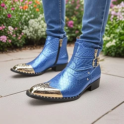 COOGERLOVE Punk Style Men Blue  Genuine Leather Boots Metal Square Toe Buckle Rivet Motorcycle Boots Winter Male Party Boots