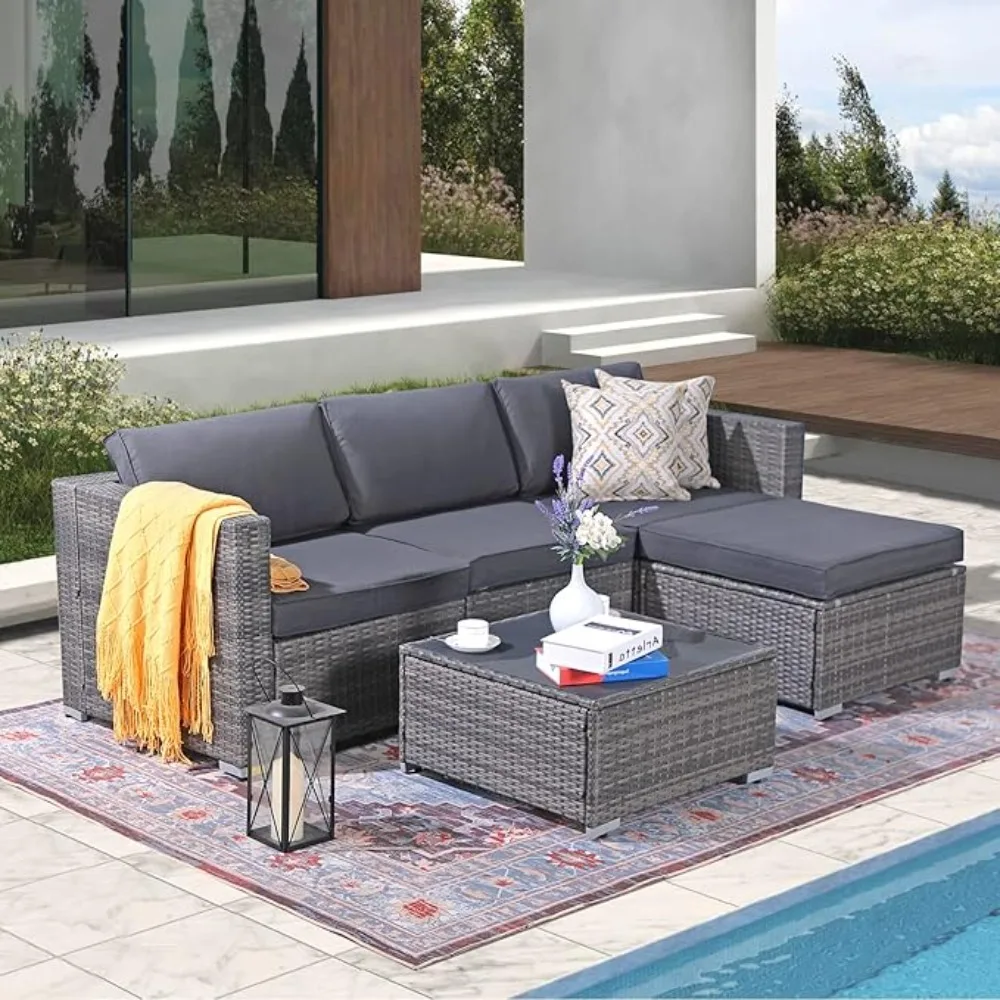 

Outdoor Sofa Sets, Sectional Conversation All-Weather Grey PE Wicker W/Light Cushions,Outdoors Garden Sofas Set