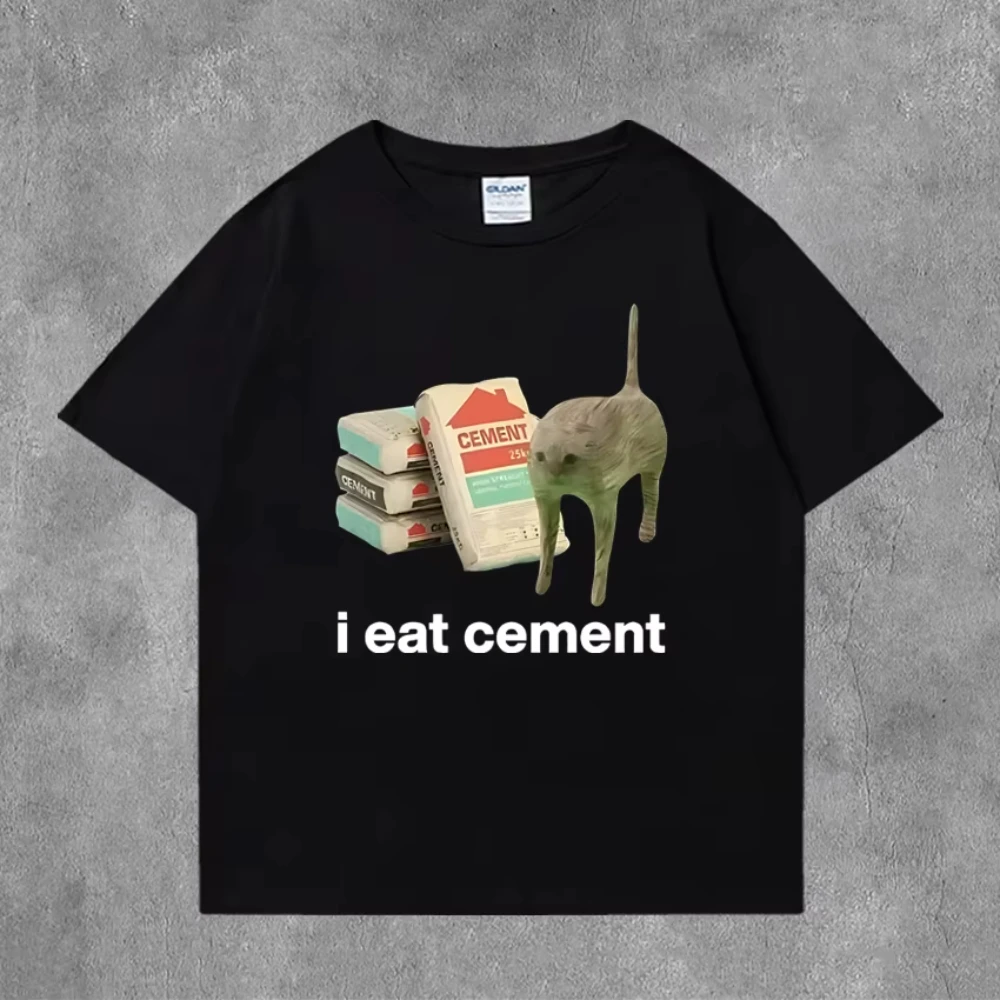 Summer Funny I Eat Cement Cursed Cat Funny Meme Graphic T Shirts Men's Women Oversized Short Sleeve T-shirt Male Cotton Clothing