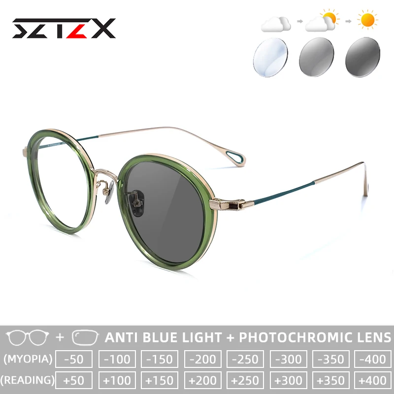 

Очки для чтения SZTZX с фотохромными линзами, цветные, с защитой от синего света, овальная оправа из ацетата, титановые дужки, прогрессивные, по рецепту