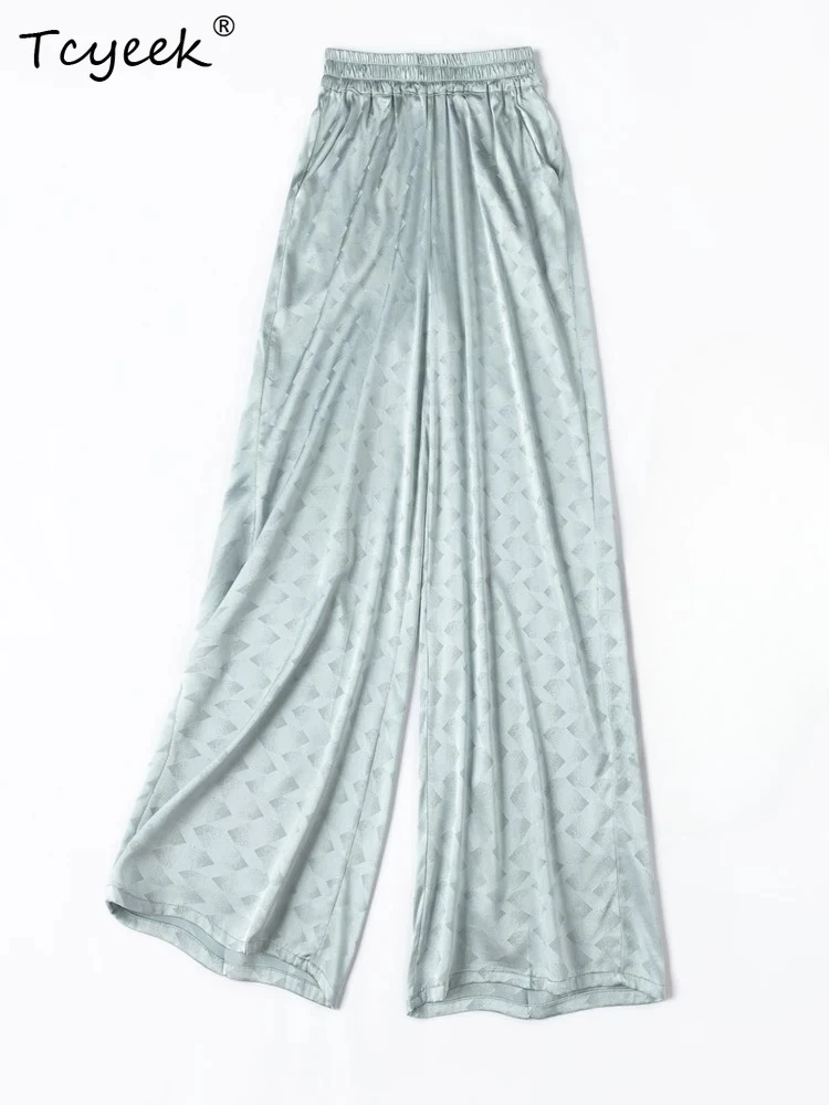 

Tcyeek 93% Natural Silk Pants Woman Summer Clothes Jacquard Casual Elastic Waist Pants Straight Long Trousers Streetwear Women