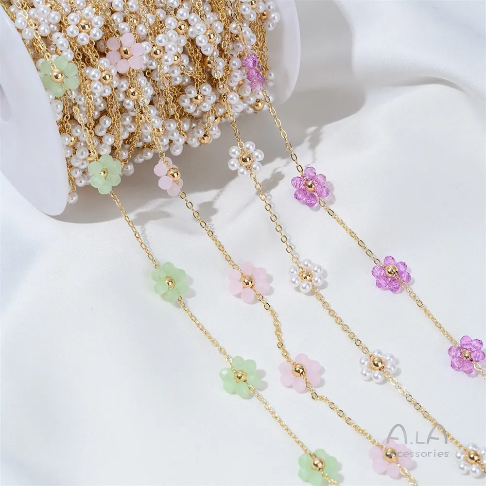 Diy Chain 14K Real Gold Pearl Purple Powder Green Crystal Flower Loose Chain Handcrafted Necklace Bracelet Accessories