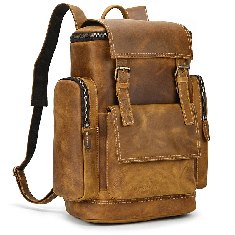

Мужской кожаный рюкзак из воловьей кожи с верхним слоем, двойная сумка на плечо, стильный деловой мужской рюкзак в стиле ретро, рюкзак 15,6 дюйма