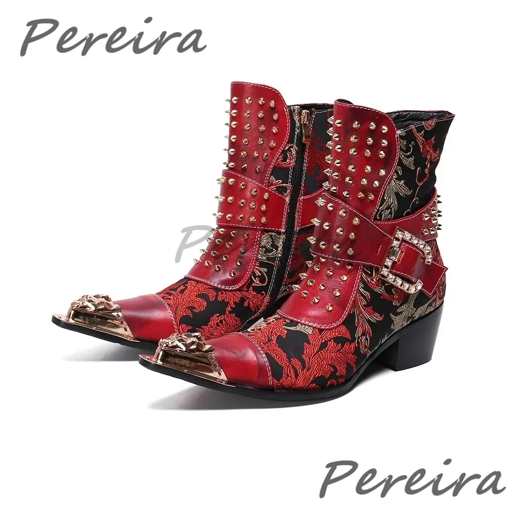 Embroidery Rivet High Heel Chelsea Boots for Men Metal Pointy Toe Luxury Crystal Buckle Knight Boots Genuine Leather Men\'s Shoes