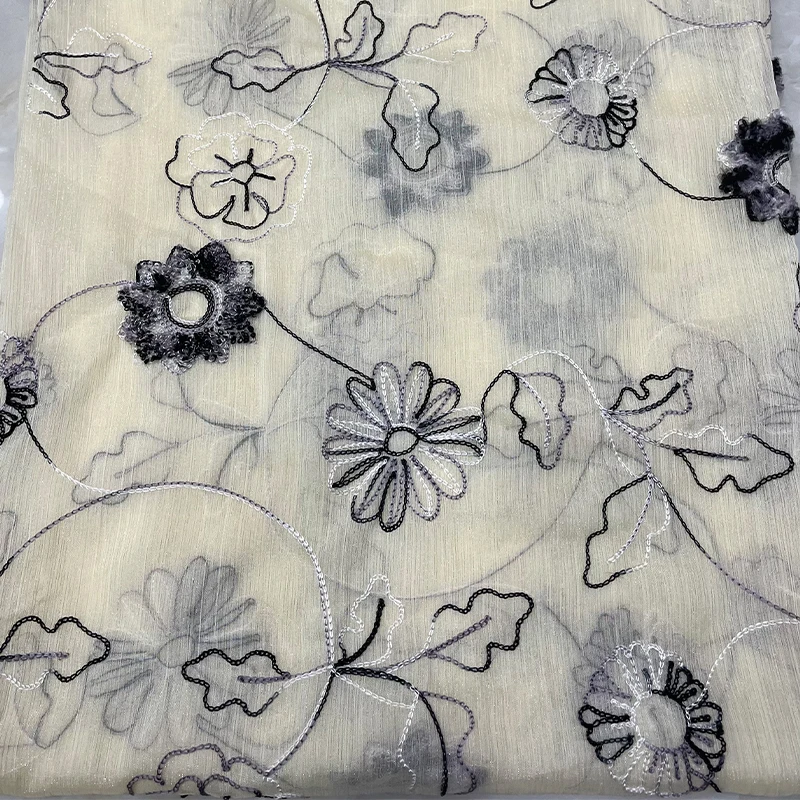 نسيج شبكي أسود فرنسي، قماش كلاسيكي مطرز يدويًا على شكل عباد الشمس، قماش مخيط، فستان سهرة، فستان، ملابس أطفال