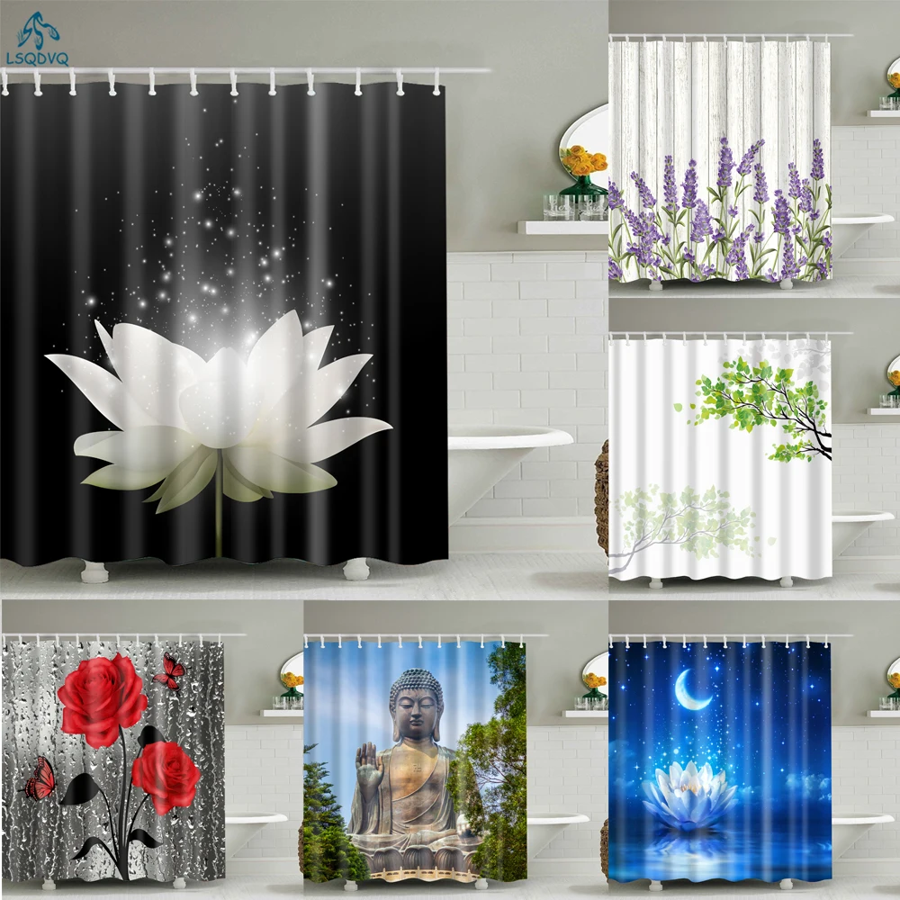 Flowers and Plants Trees Lavender Lotus Buddha Print Home Decorative Bathroom Waterproof Shower Curtain with Hook