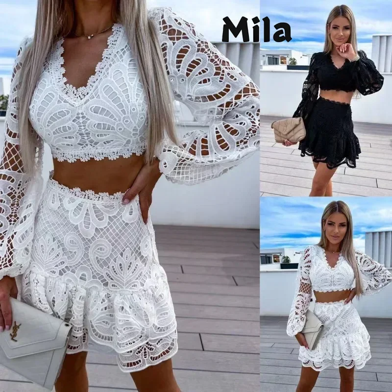 Hollow Lace Fashion Embroidery Suit Summer Clothes Women 2024 2-częściowe zestawy damskie Eleganckie zestawy damskie Spódnica Nowa sukienka