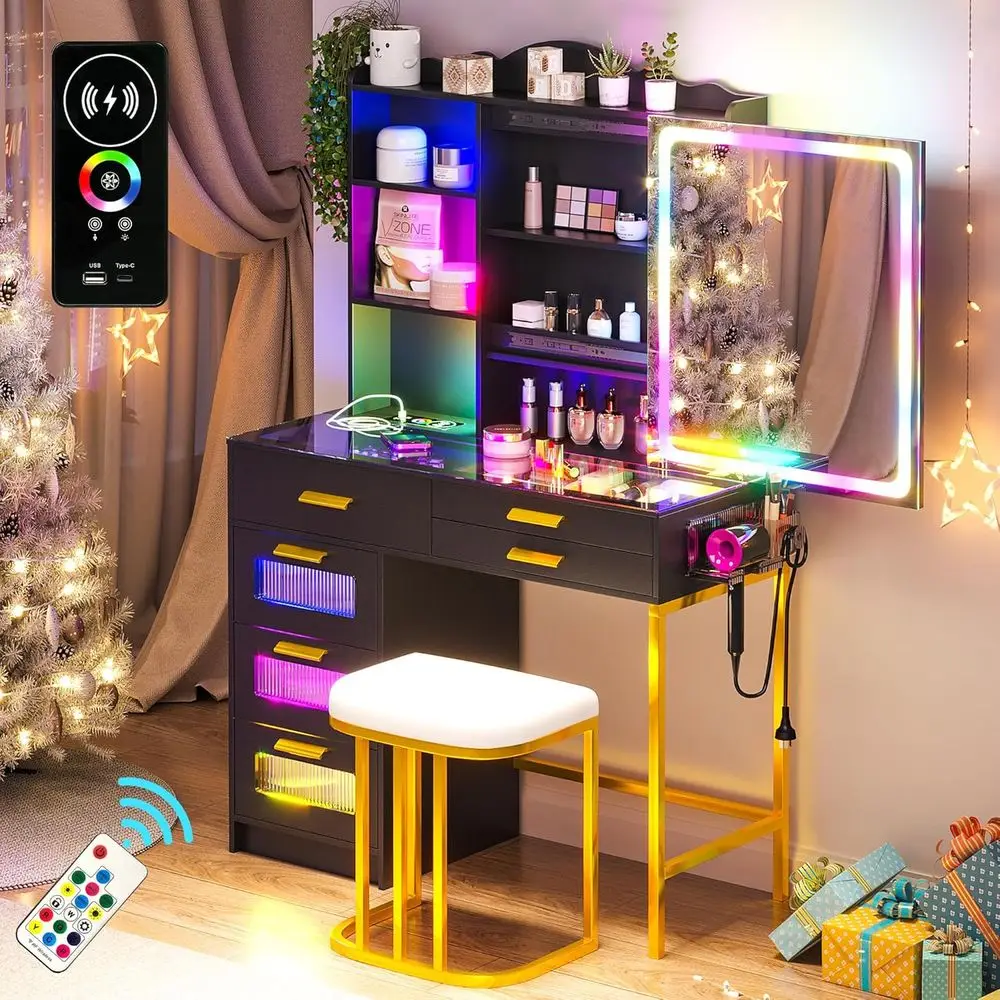 

LED Mirror Vanity with Charging Station, Makeup Desk and RGB Lights, Glass Top Set with Stool for Bedroom - Black