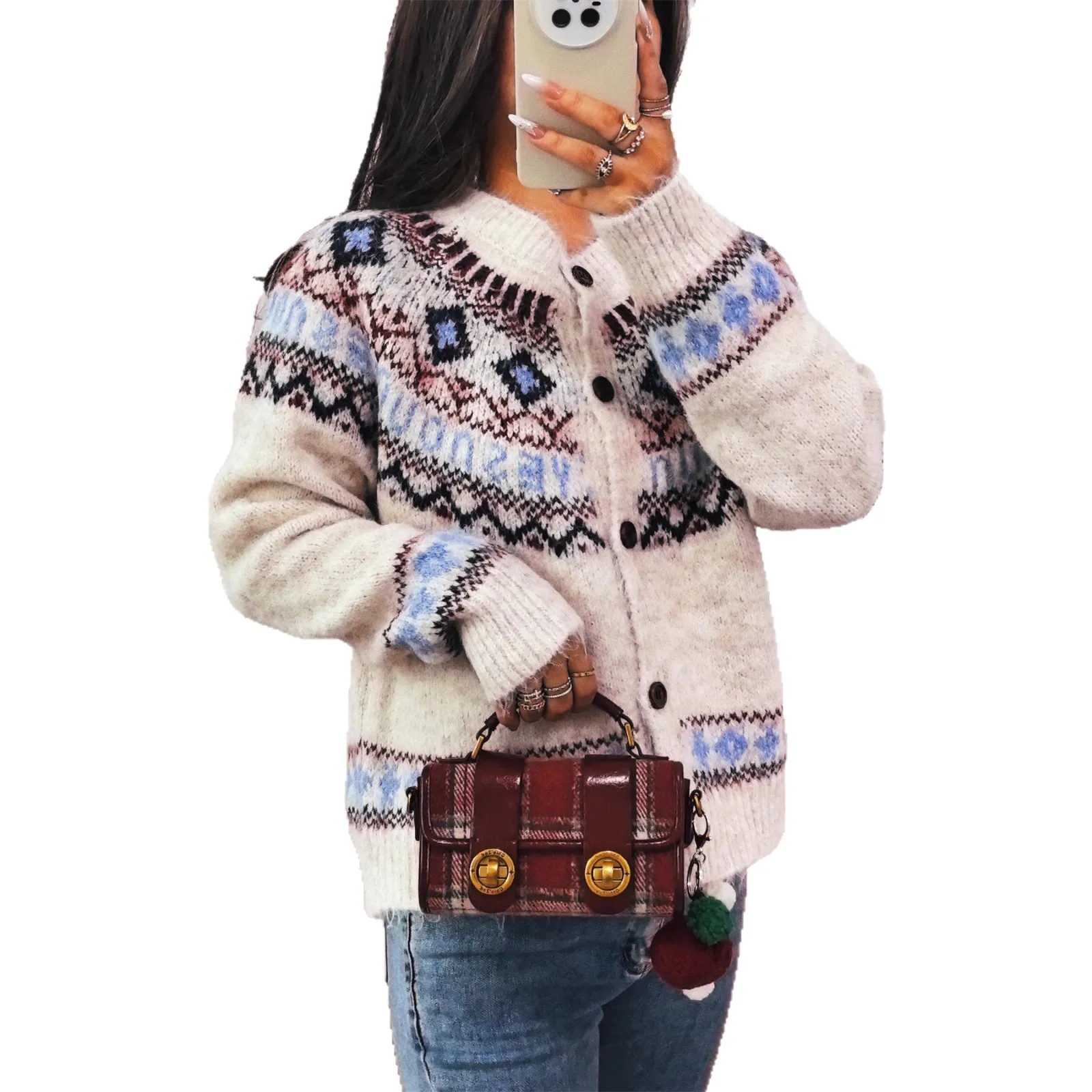 เสื้อคาร์ดิแกนไหมพรมถักลายวินเทจ คอทรงโอ แขนยาว ติดกระดุมแถวเดียว สำหรับผู้หญิง  คอลเลคชั่นฤดูใบไม้ร่วง-ฤดูหนาว