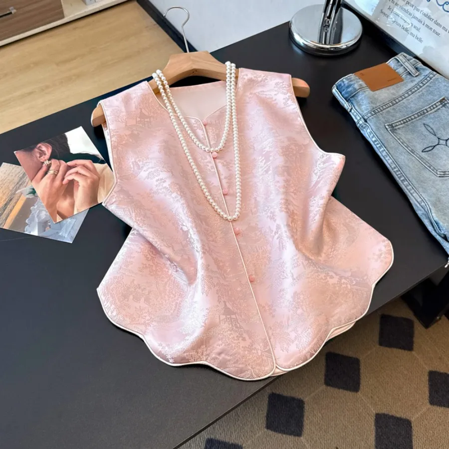 Handmade Chinese Style Reformed National Trend Satin Surface Embroidery Button Small Stand Collar High End Vest Top Coat