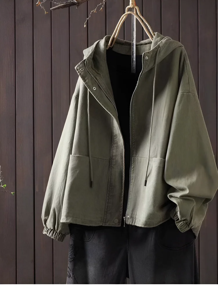 Retro Washed Loose Women's Jacket Design Spring 2026 New Style Cotton Short Coat with Hat Simple Straight Cut Pure Color