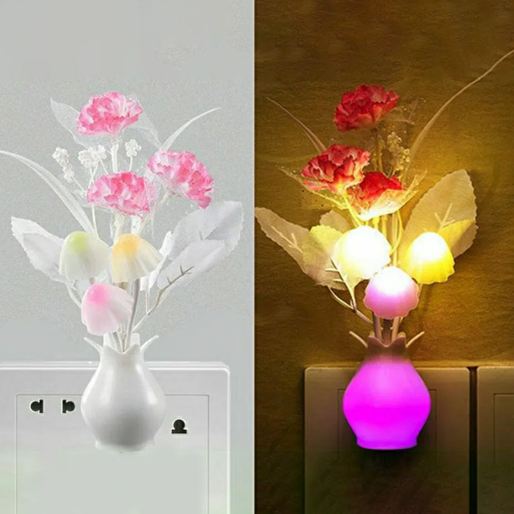 LED Night Light Smart Light Control Energy Saving Rose Flower Mushroom Plug In Lamp For Bedroom Bathroom Living Room Kitchen