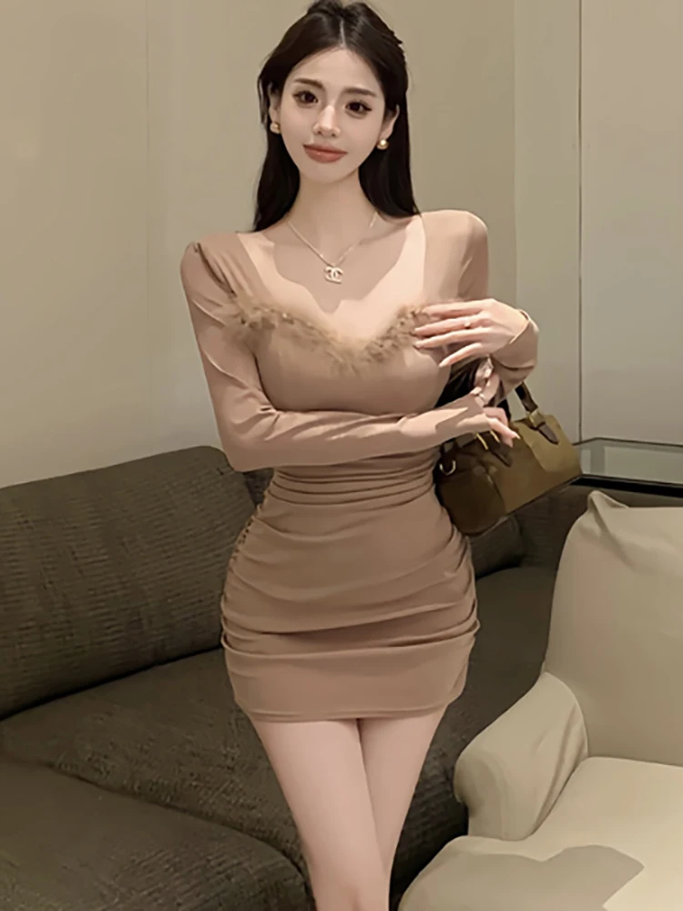 Female Solid Knitted Chic Faux Collar Sexy Club Dress 2024 Elegant Bodycon Hip Wrap Dress Autumn Winter Korean Fashon Prom Dress