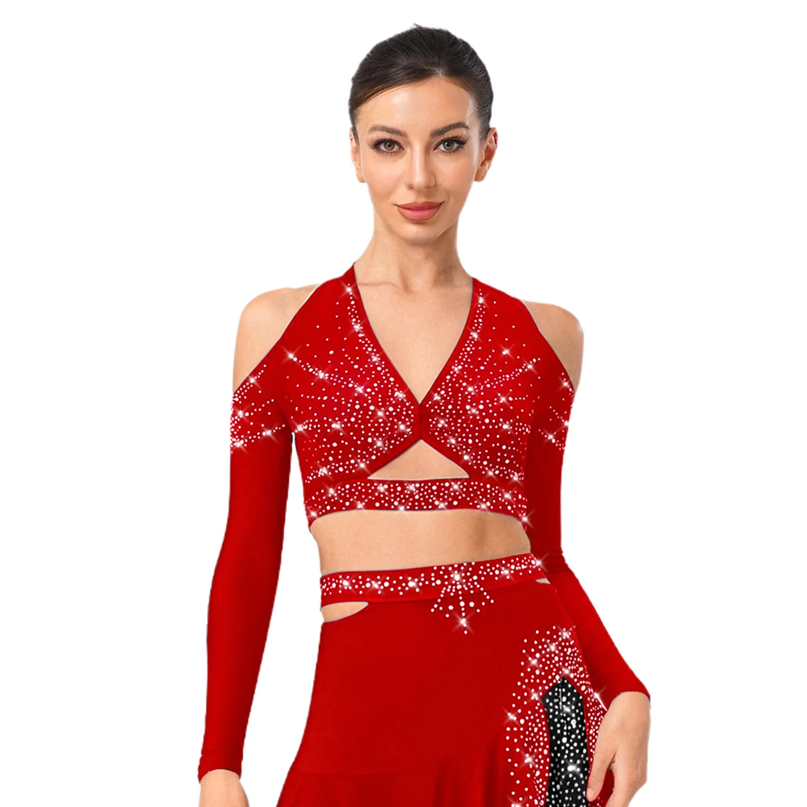 

Adult Womens Figure Skating Dance Outfit Jazz Latin Samba Rumba Dancewear Halter Long Sleeve Deep V-Neck Crop Top Skirts Outfits