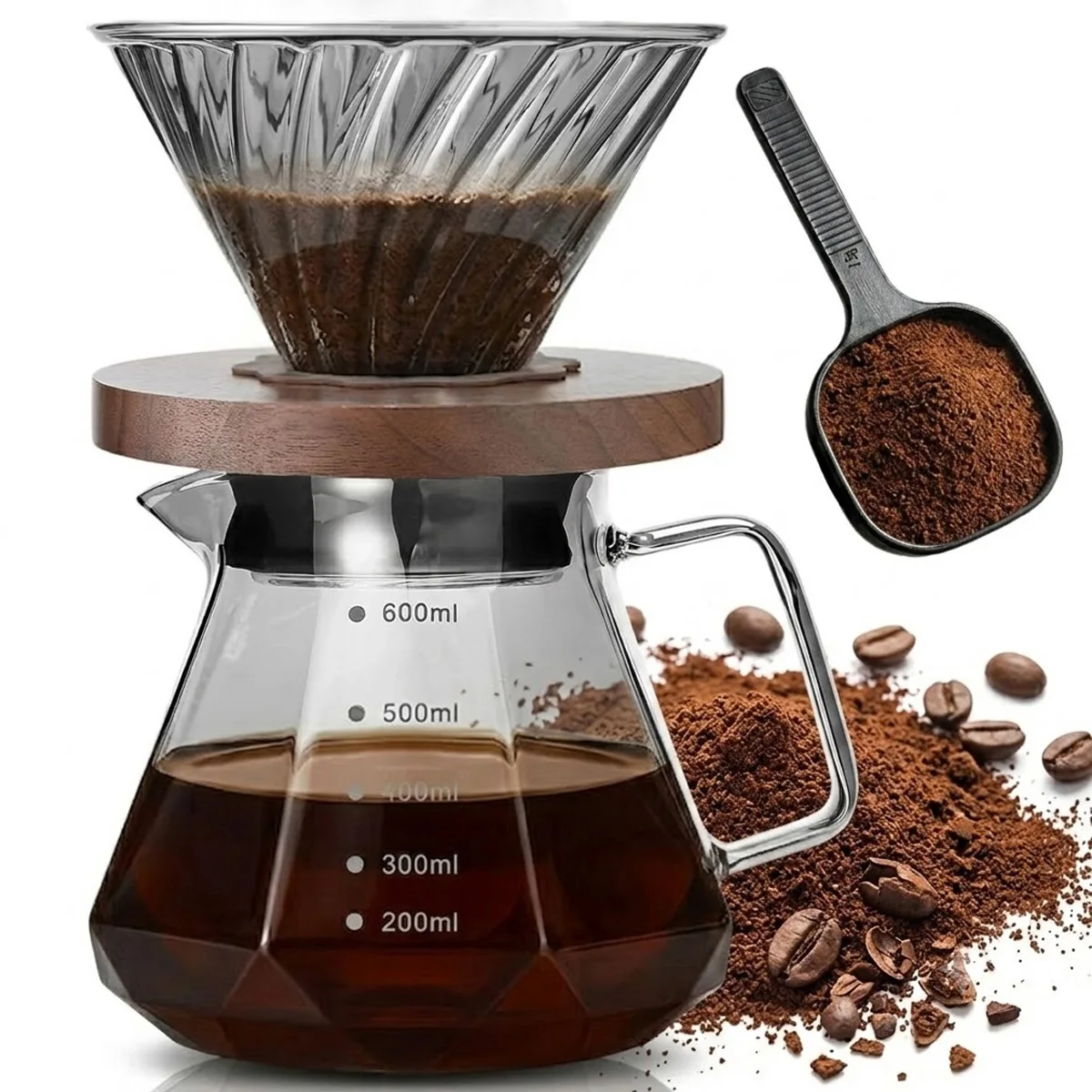 Pour Over Coffee Maker Set with Spoon, 13/20oz Diamond Shaped Glass Carafe & Filter Cup, Hand Drip Brewer