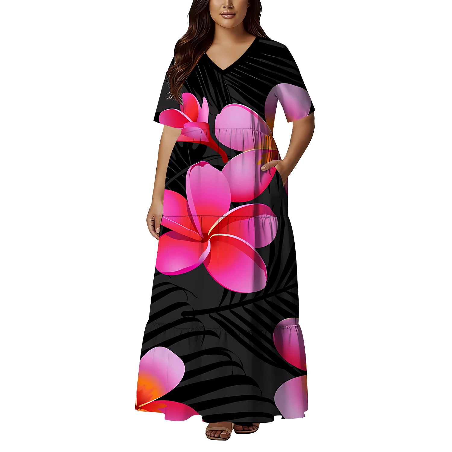 Pocket Design Elegant Long Dress For Women Polynesian Island Tribal Design V-Neck Cinched Waist Loose Casual Custom Dress