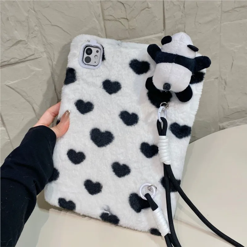 3D Panda Plush Furry Heart with Crossbody Lanyard Tablet Case for vivo Pad 3Pro 5Pro IQOO Pad 2Pro 5Pro 13in Shockproof Cover