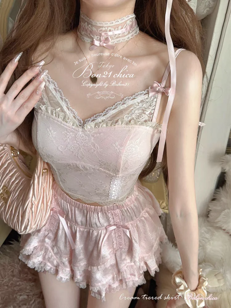 Princess sweet lolita Sling Top bobon21 Stacked dressing chest cushion scarf lace Tencel Sling Top T2396