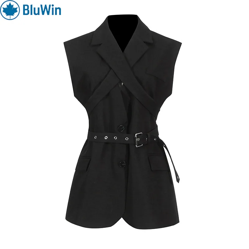 

URBANCHIC Korean Fashion Sleeveless Blazer Women 2025 Autumn Belted Long Vest Chic Office Lady Suit Jacket