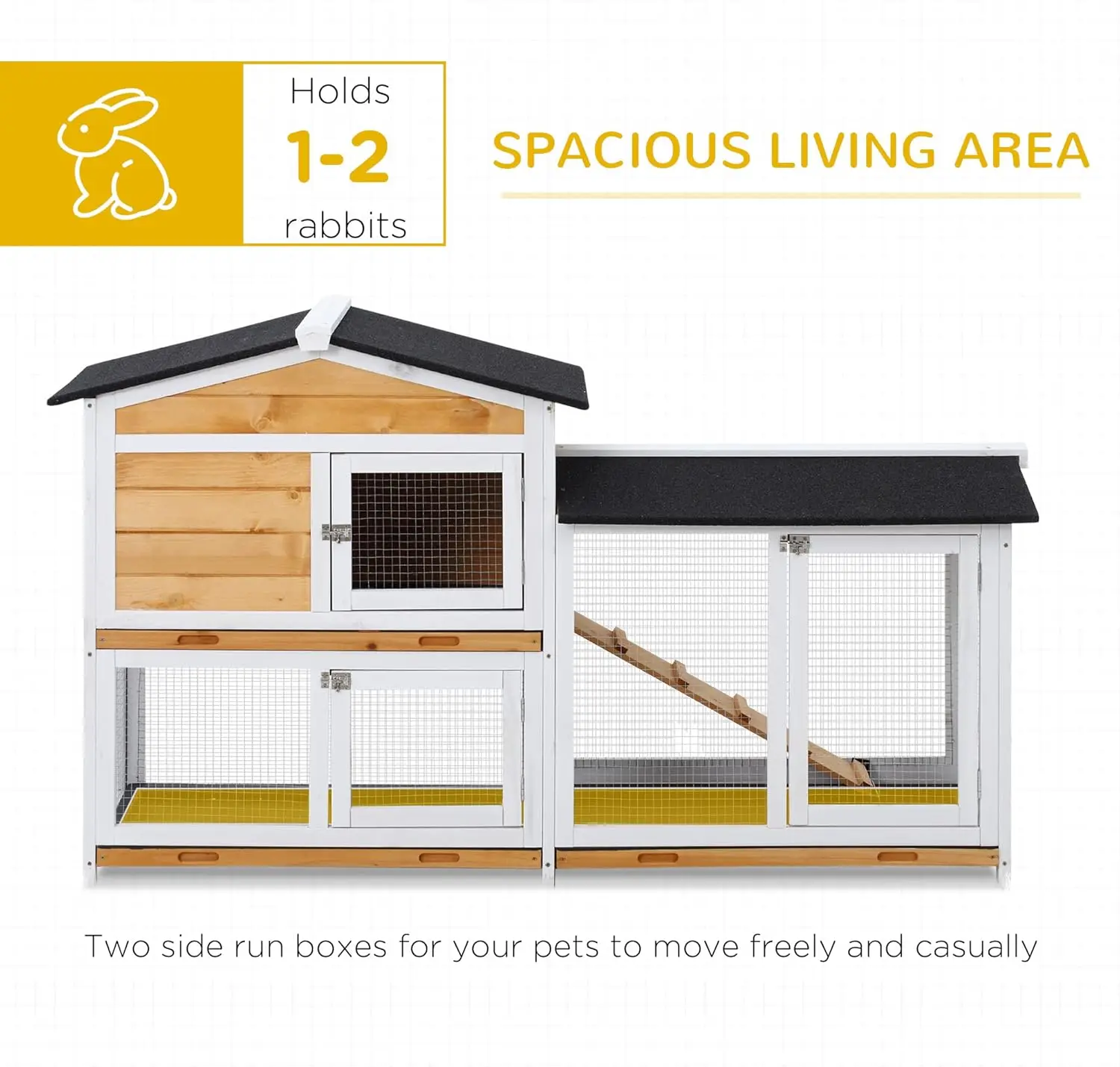 62" Rabbit Hutch, Wooden Bunny Hutch, Guinea Pig Cage, Small Animal Enclosure with Run Area, Removable Tray, Asphalt Roof