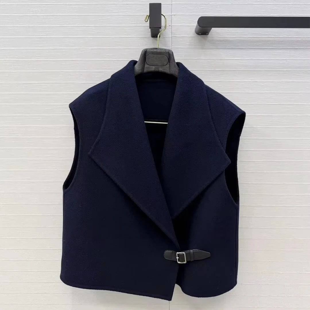 Solid Color Fall Winter Wool Cashmere Double Sided Woolen Vest Coat Women Big Lapel Sleeveless Sheepskin Leather Buckle Tank