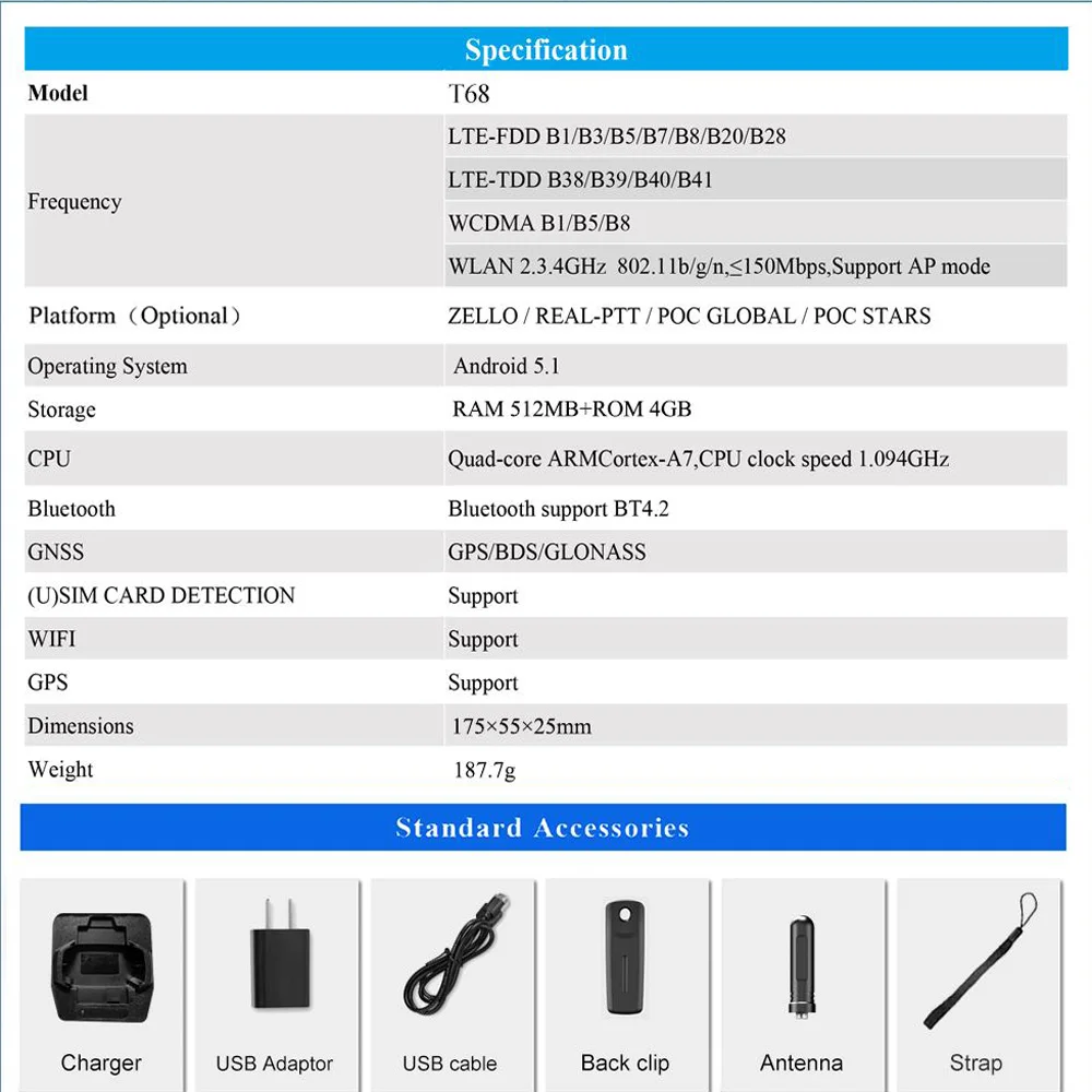 ANYSECU T68 Android 5.1 4G Network Radio With WIFI GPS POC Radio Compatible with Zello or Real-ptt