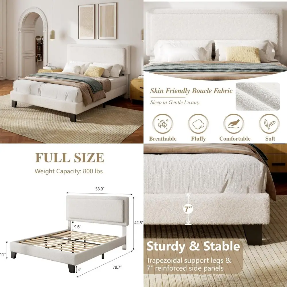 Adjustable Headboard Full-Size Bed Frame with Cloud Comfort Platform Bed and Wood Slats - No Box Spring Required