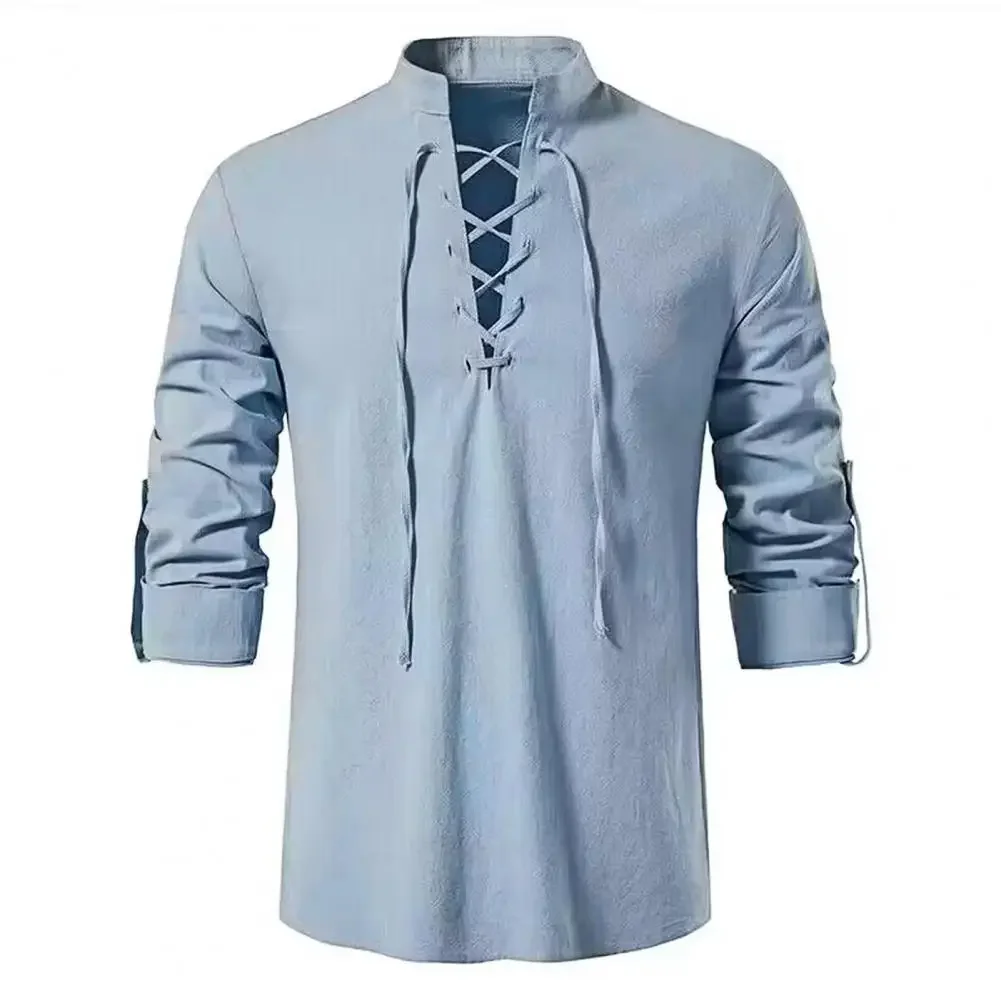 Shirt Cotton Linen Flax Tops Lace Up Long Sleeves Blouse Mens V Neck Medieval Costume Embroidery Tunic Casual Shirt